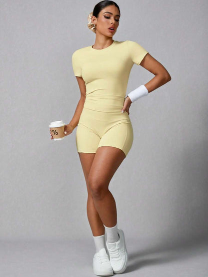 Women's Simple Solid Color Short Sleeve Shorts Sports Suit Summer